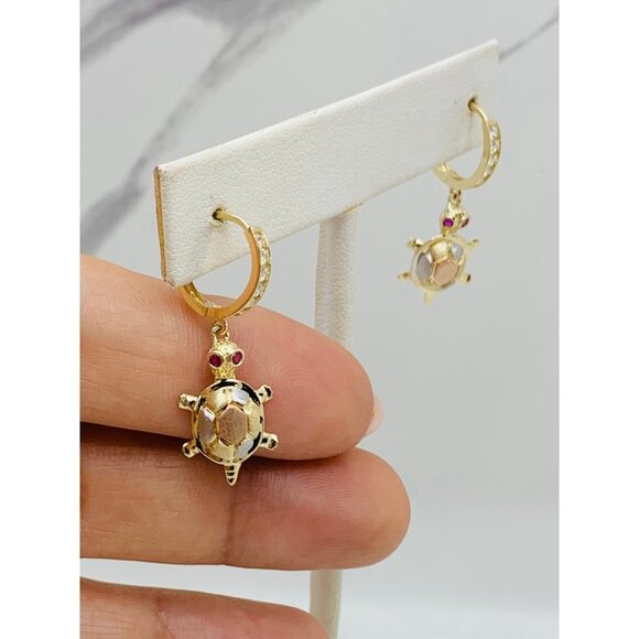 10k solid gold earrings turtle ❤️ Hoops huggies ❤️ - Picture 1 of 7